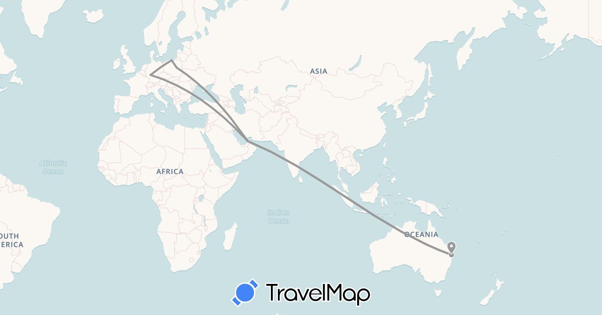 TravelMap itinerary: driving, plane in United Arab Emirates, Australia, Germany, Poland (Asia, Europe, Oceania)